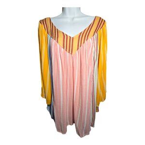 Sacred Threads Boho Peasant Striped 3/4‎ Sleeve V Neck Tunic Blouse Top L/XL